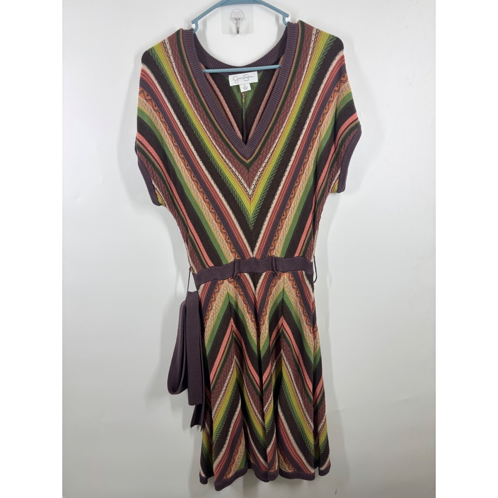 Jessica Simpson Chevron Stripe Knit V-Neck Fit and Flare Dress Brown Green M